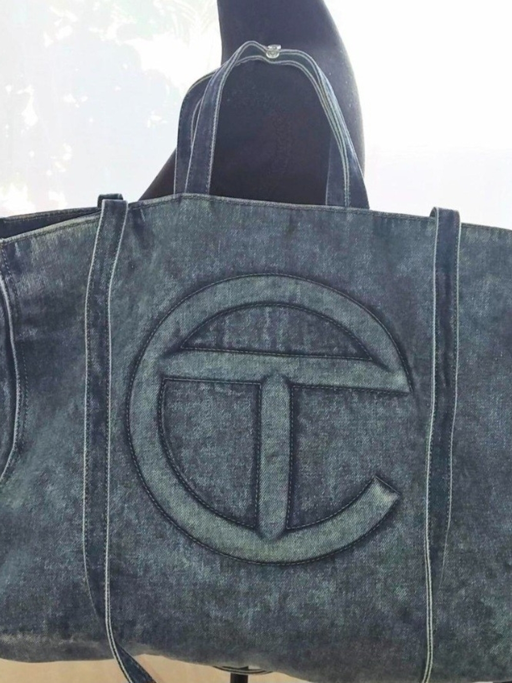 Denim Tote Bag with Raised Circular Monogram - Dark Indigo